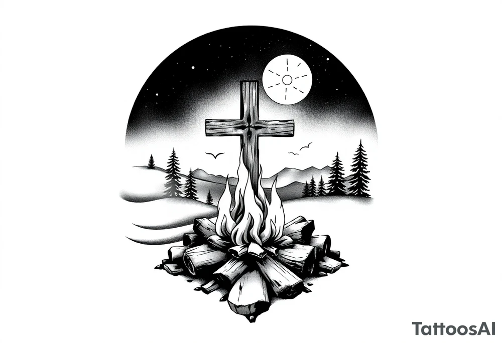 Campfire with cross include the great outdoors and night sky make sure cross doesn't look like it is on fire tattoo idea