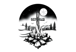 Campfire with cross include the great outdoors and night sky make sure cross doesn't look like it is on fire tattoo idea