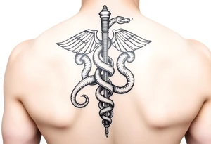 Caduceus with snakes intertwined going up spine tattoo idea