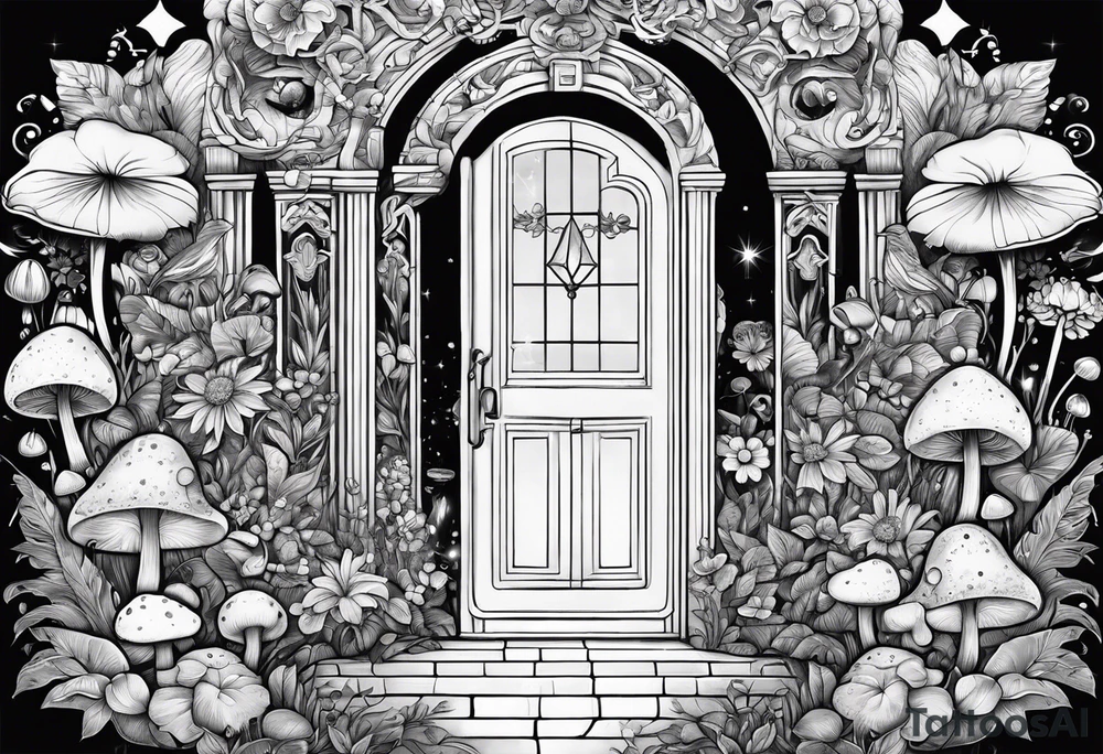 Mystical garden with door and potions and a rabbit and flowers and mushrooms tattoo idea