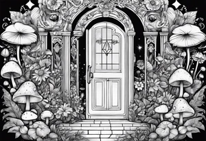 Mystical garden with door and potions and a rabbit and flowers and mushrooms tattoo idea