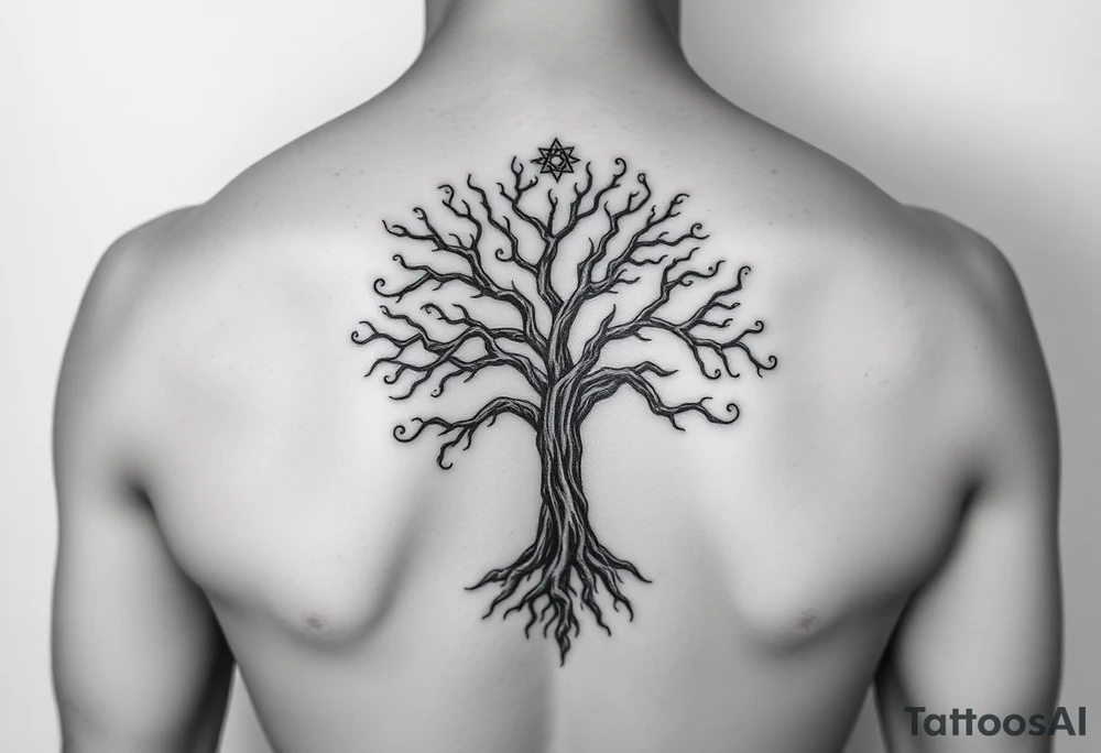 mystical tree of life with cosmic roots and celestial branches tattoo idea