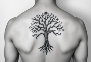 mystical tree of life with cosmic roots and celestial branches tattoo idea