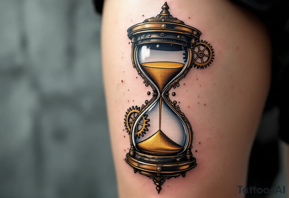 A steampunk-style hourglass with bronze cogs, containing golden sand that flows upwards, defying gravity. tattoo idea