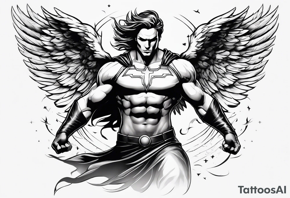 Angel in the pose of a superhero landing tattoo idea
