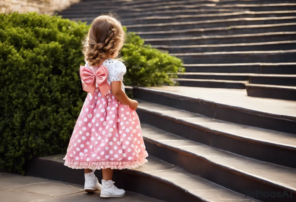 5 year old girl. Facing away and walking up steps which look like large books. The binding of the books being the front of the stairs. The girl has her hair partially up, with a bow securing her hair. She's wearing a puffy a-line, polka dot dress. In one hand, she's holding the arm of a stuffed dog, in the other she hold the hand of someone who's arm slowing disappears. tattoo idea