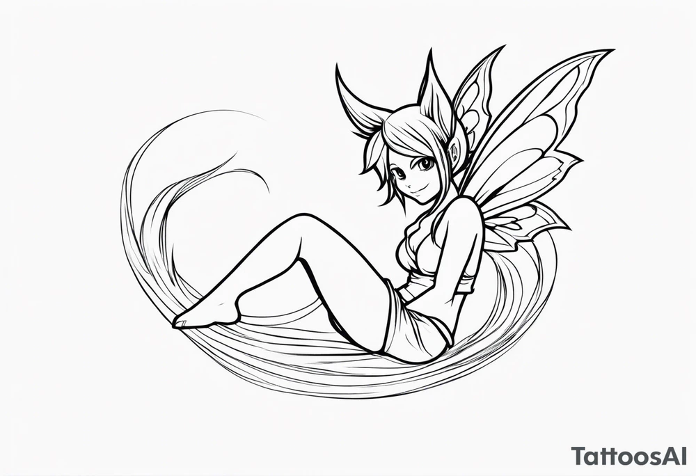 A fairy with a tail inspired by the logo of the show called Fairy Tail in a fetal position leaning in tattoo idea