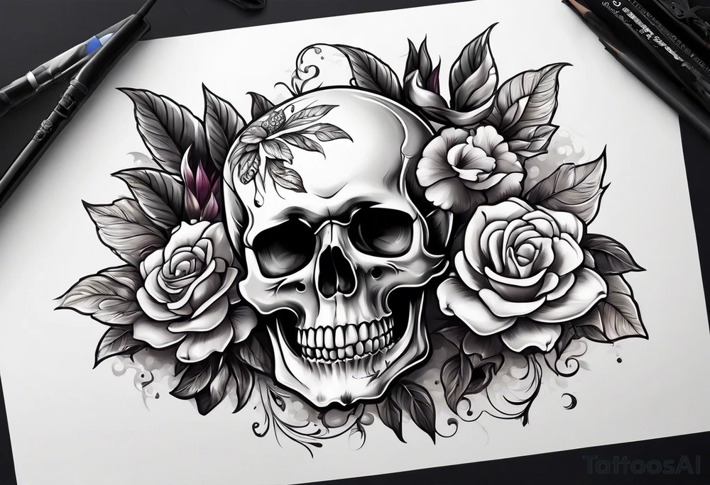 skull with one flower growing out of its head tattoo idea