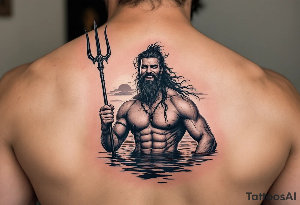 young, smiling, fit poseidon in calm water, holding a trident, drinking a beer, with sunset tattoo idea