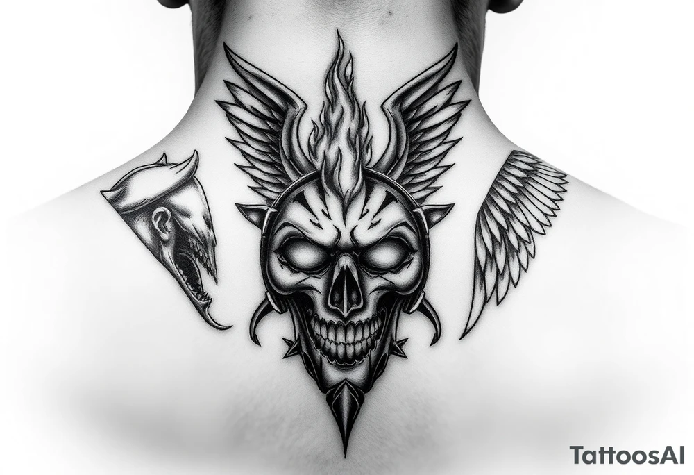 Realistic neck tattoo design. On one side, near one ear, a screaming demon facing inward. On the other side, near the other ear, a screaming angel facing the demon. Between them, in the center of the front neck, a cracked ancient mask with fire and light emerging from inside, symbolizing inner conflict and balance between good and evil. Highly detailed black and grey style, fine line shading, symmetrical, intense emotion, realistic texture. tattoo idea