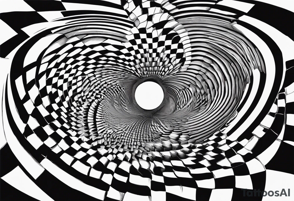 Concentric circles with alternating rings that flip from black to white every 90 degrees, alternating with an mc Escher vibe tattoo idea