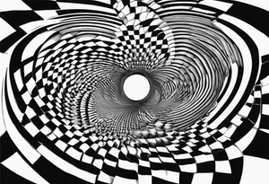 Concentric circles with alternating rings that flip from black to white every 90 degrees, alternating with an mc Escher vibe tattoo idea