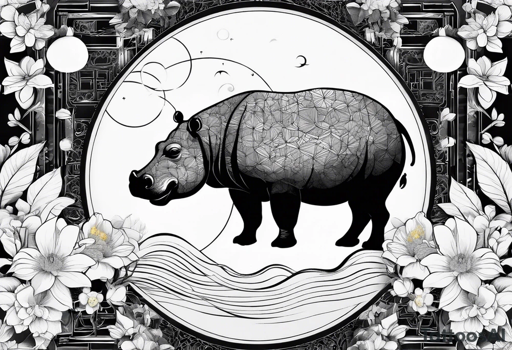 Very asymmetrical, +geometric pattern, with realistic full moon, with seeious looking hippo, with zen feel,
with wintersweet flower bud, +portrait orientation, +inkart touch, tattoo idea