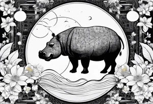 Very asymmetrical, +geometric pattern, with realistic full moon, with seeious looking hippo, with zen feel,
with wintersweet flower bud, +portrait orientation, +inkart touch, tattoo idea