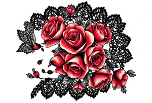 Vintage black lace, red roses, red birds, vintage, wrap around, tighter together, no space open tattoo idea