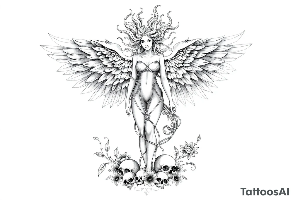Ethereal Medusa standing. She has phoenix wings. She is beautiful and feminine. Surrounded by flowers and standing with skulls at her feet. Symbolic of resilience, transformation and inner strength. tattoo idea