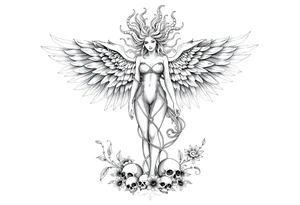Ethereal Medusa standing. She has phoenix wings. She is beautiful and feminine. Surrounded by flowers and standing with skulls at her feet. Symbolic of resilience, transformation and inner strength. tattoo idea
