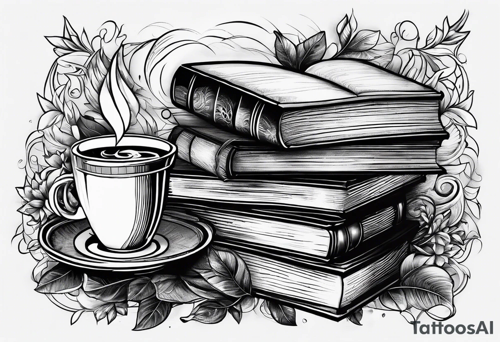4 stacked books with a cup of coffee on top tattoo idea