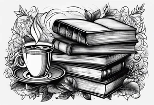 4 stacked books with a cup of coffee on top tattoo idea