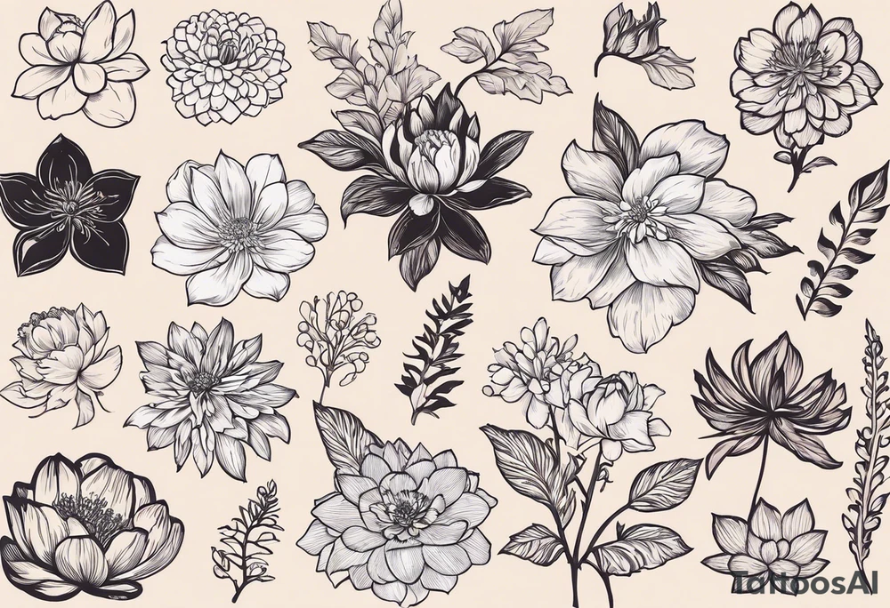 I want a full sleeve that tells the story of the people most important to me. I want my daughter’s birth flowers. One daughter’s birth flowers are larkspur and water lily. My second daughters birth flowers are chrysanthemum and peony. I also want a Palm tree and juniper tree represented because their names are Palmer and Juniper. I want my husband and I represent in some way as well. My husbands birth flowers are Iris and violet. My birth flowers are hawthorn and lily of the valley. Add a juniper tree and palm tree tattoo idea