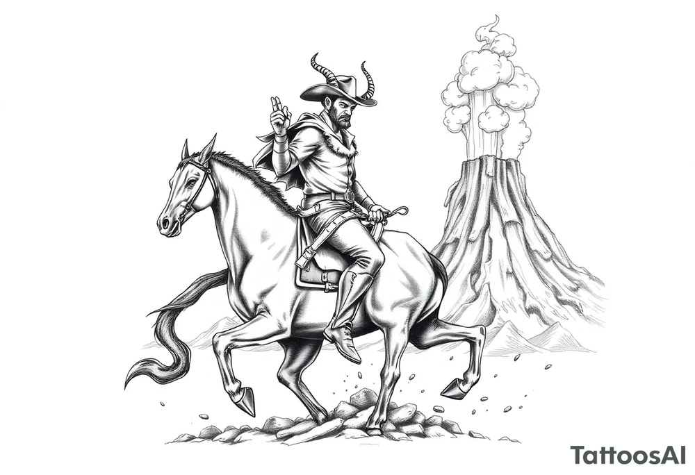 demon cowboy on a horse, against a volcanic eruption. tattoo idea
