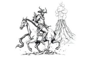 demon cowboy on a horse, against a volcanic eruption. tattoo idea