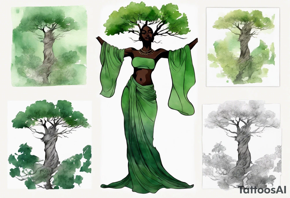 a tree with a trunk that turns into a black woman reaching with her arms towards the sun, wearing a green tunic tattoo idea