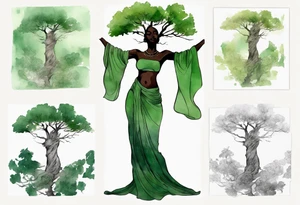 a tree with a trunk that turns into a black woman reaching with her arms towards the sun, wearing a green tunic tattoo idea