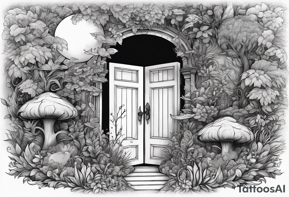 a small boy peeking into a doorway
 leading to a fantasy world filled with nature tattoo idea