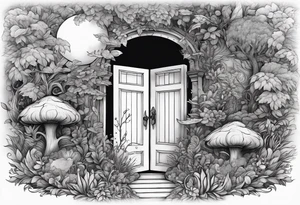 a small boy peeking into a doorway
 leading to a fantasy world filled with nature tattoo idea