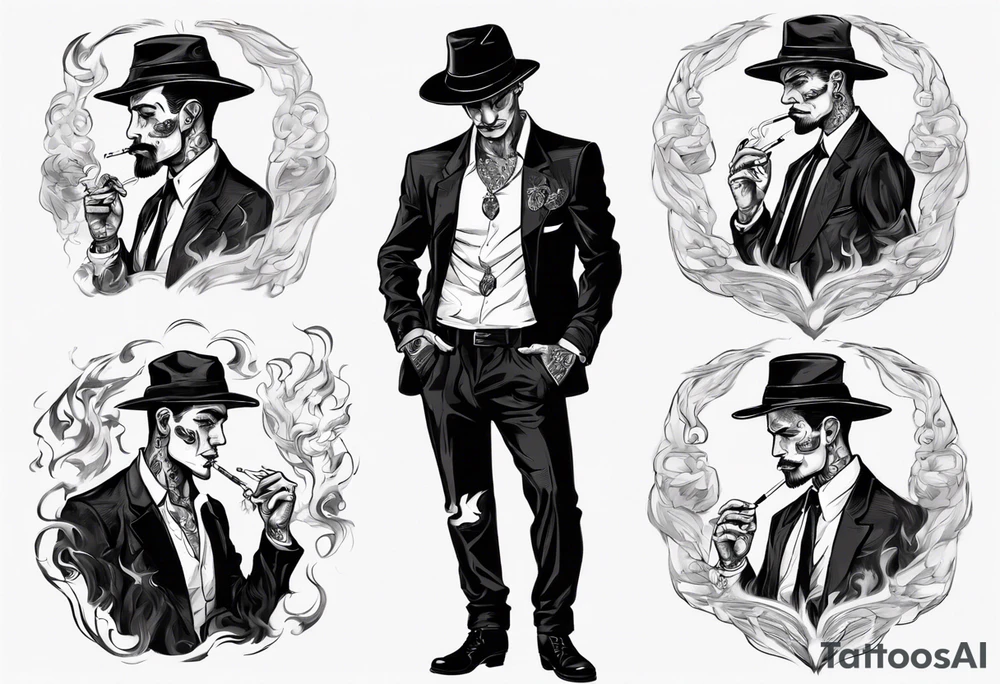 One handsome man, full-length, no hat, earrings in his ears stands smoking a cigarette tattoo idea