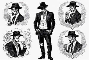 One handsome man, full-length, no hat, earrings in his ears stands smoking a cigarette tattoo idea