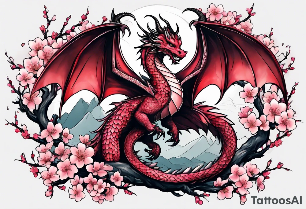 A dragon with wings covered in cherry blossoms tattoo idea