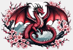 A dragon with wings covered in cherry blossoms tattoo idea