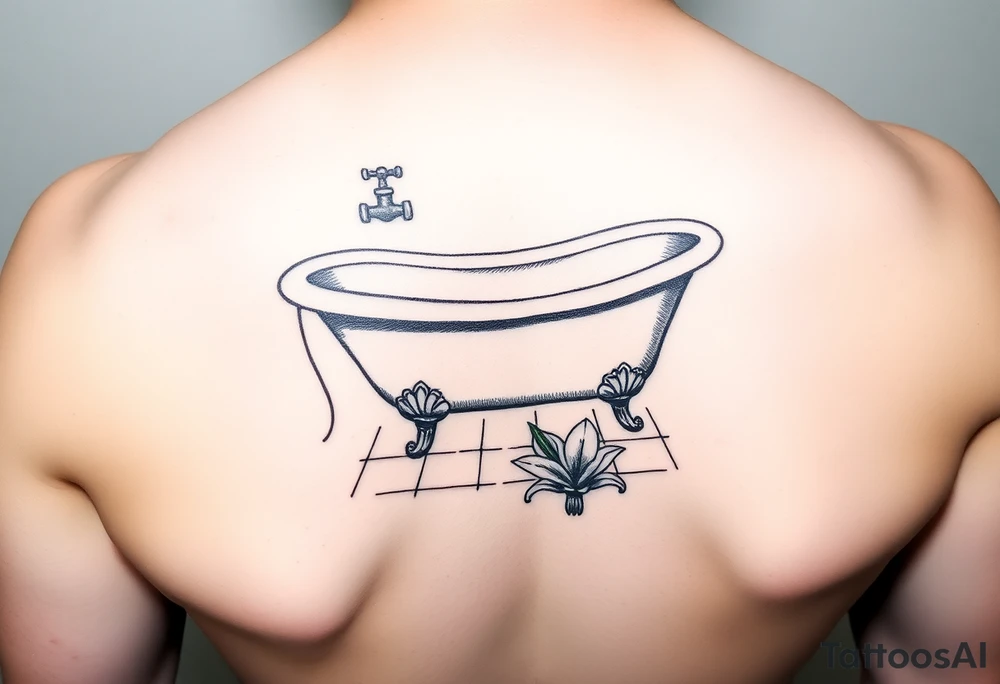 clawfoot bathtub with simple faucet and lily coming up out of the tile floor tattoo idea