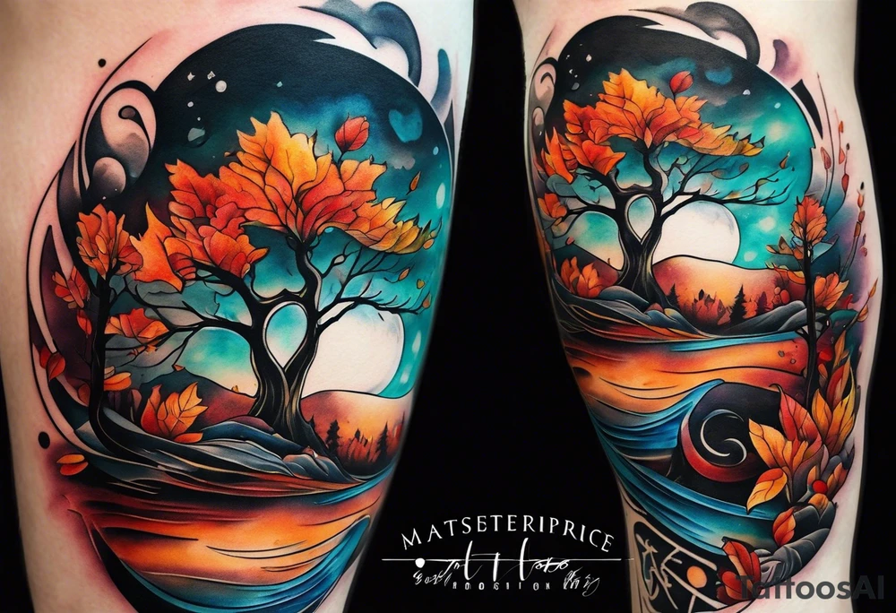 Knee tattoo in fall colors with water flow washes tattoo idea