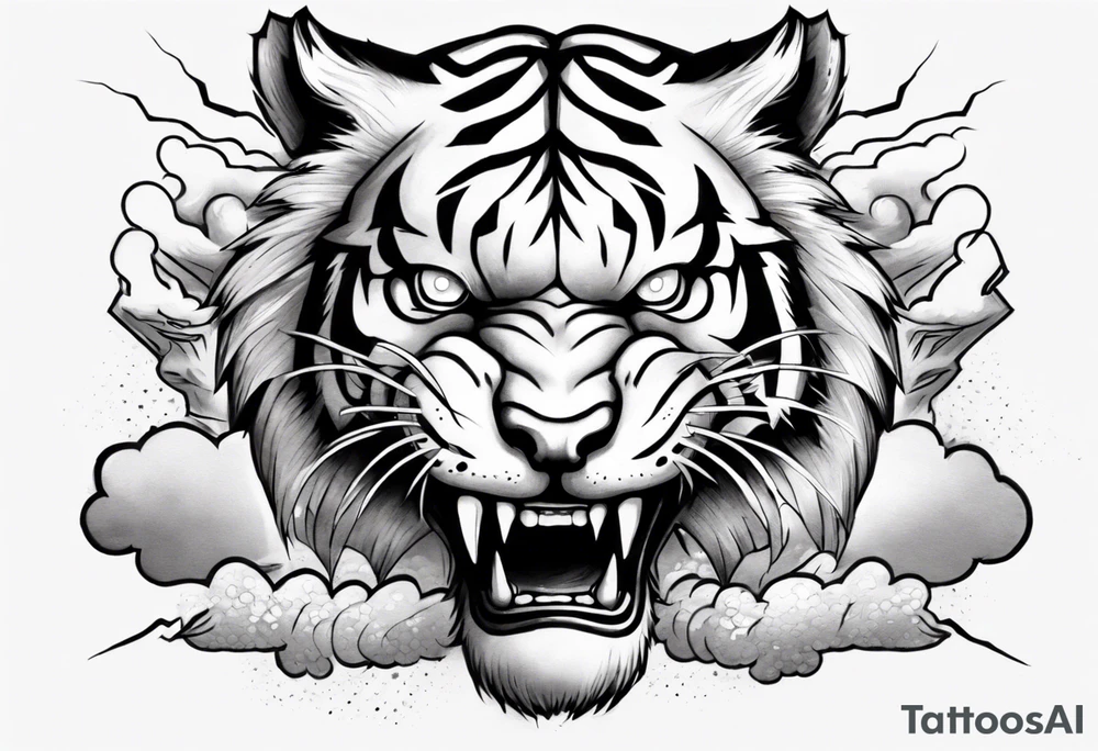A thundergod tiger forearm tattoo, with lightning and clouds filling the area tattoo idea