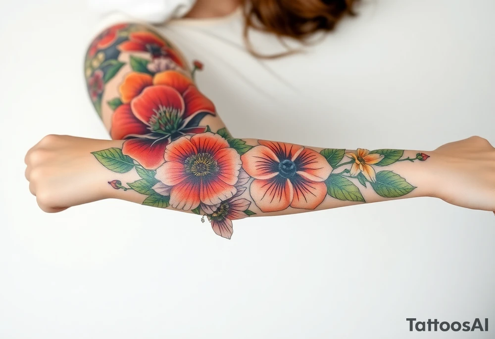 Fore arm tattoo in the neo american traditional style. I want to incorporate a few different flowers: Poppies, Morning Glory, Narcissus with green leaves in the background tattoo idea