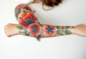 Fore arm tattoo in the neo american traditional style. I want to incorporate a few different flowers: Poppies, Morning Glory, Narcissus with green leaves in the background tattoo idea