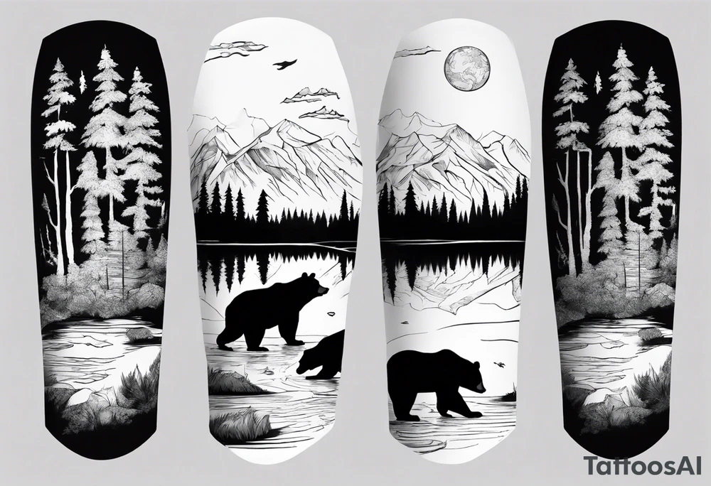 black bear over a forest with a lake below, full sleeve tattoo idea black bear over a forest with a lake below, full sleeve tattoo idea