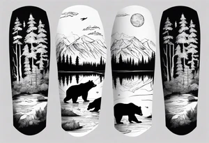 black bear over a forest with a lake below, full sleeve tattoo idea
