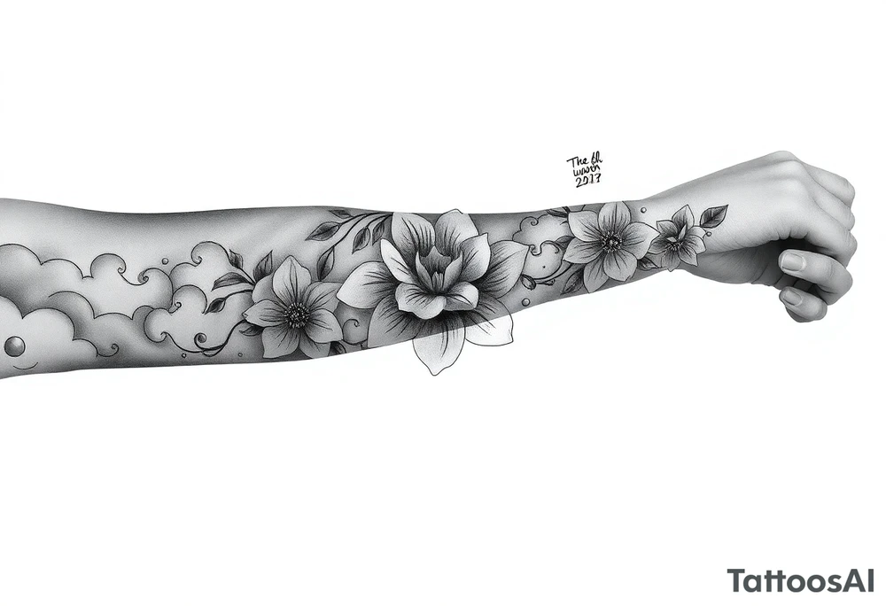 Forearm sleeve tattoo including lion clouds jasmine flower names dates covering the whole forearm. I don’t want it to be girly more tough tattoo idea