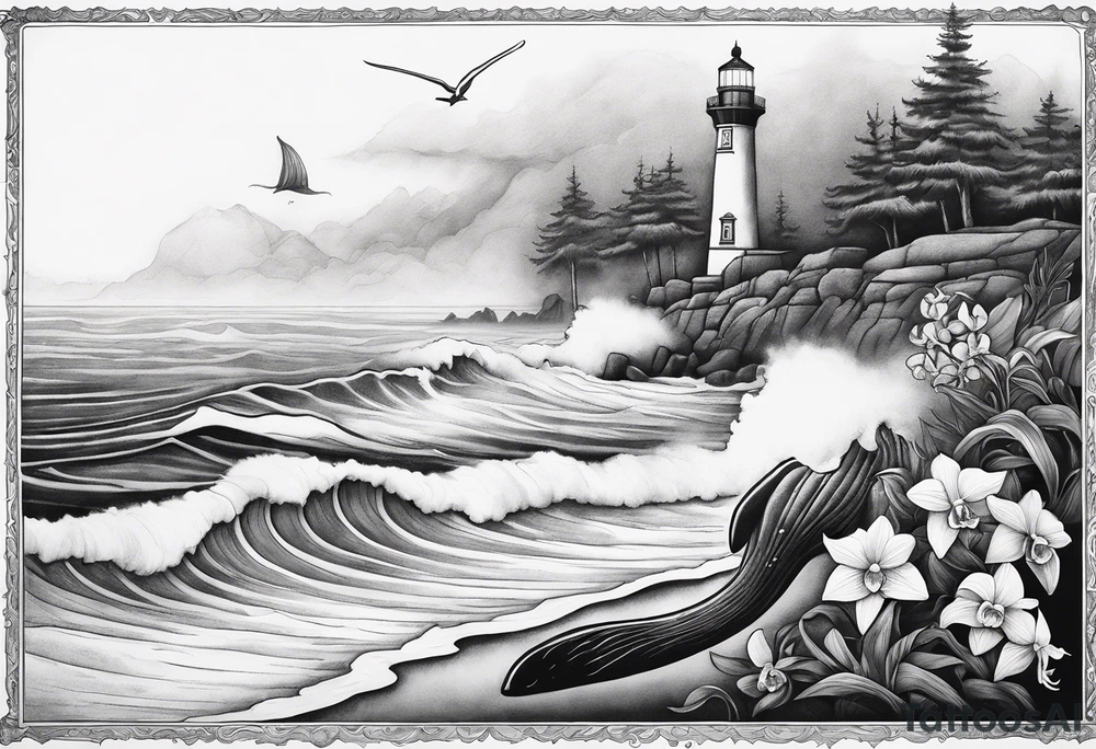 Lighthouse on a beach with light on in the fog and a humpback whale's tail sticking out of the water of the ocean with a border containing an anchor and orchids tattoo idea