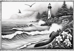 Lighthouse on a beach with light on in the fog and a humpback whale's tail sticking out of the water of the ocean with a border containing an anchor and orchids tattoo idea