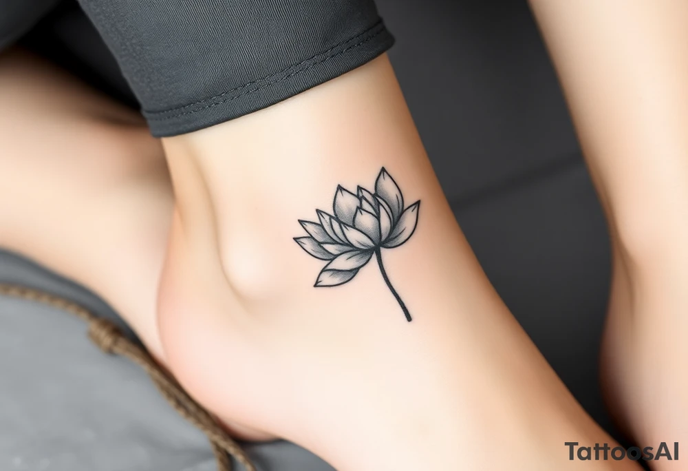 A detailed black and white water lily tattoo, shaded in elegant grayscale with hints of deep blue for depth, representing timeless love and simplicity tattoo idea