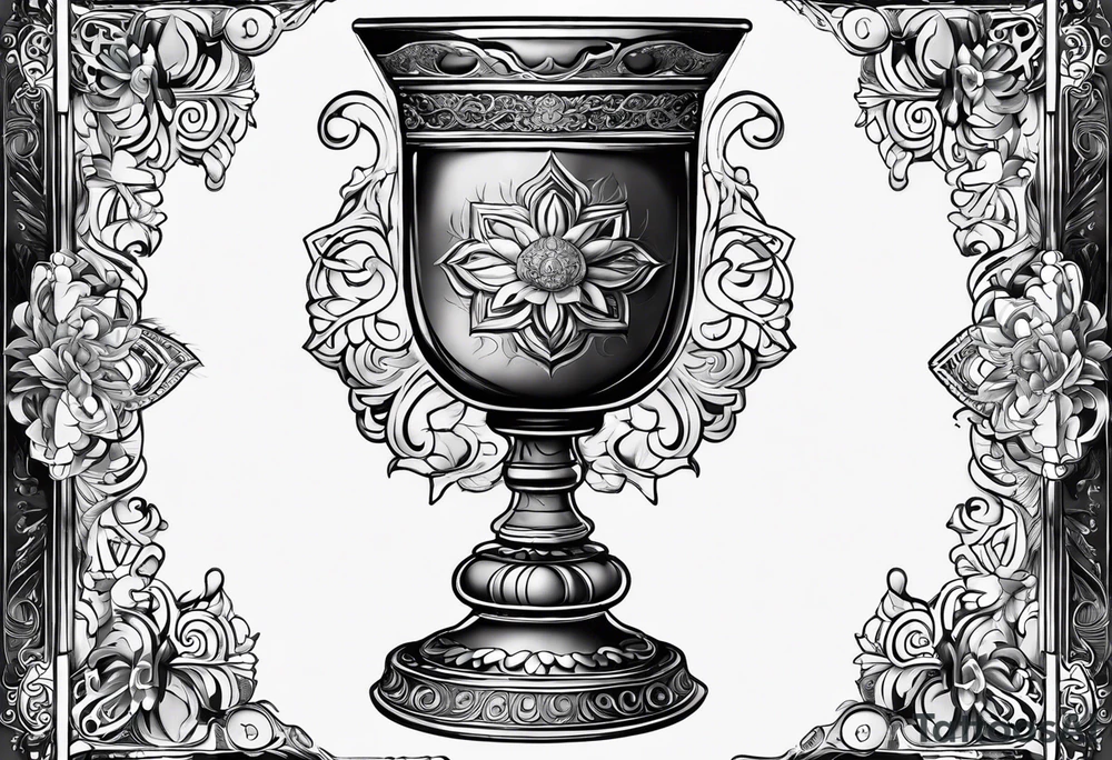 Illustrate a sacred chalice filled with symbolic water from different religious traditions, representing the shared essence of purity and spiritual nourishment. tattoo idea