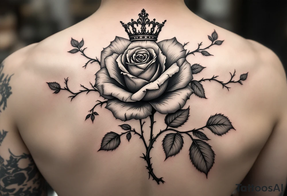 Single rose with 1982 as the stem if the rose with queen if heaetz and crown around or on top of rose with vines and thorns on sholder tattoo idea