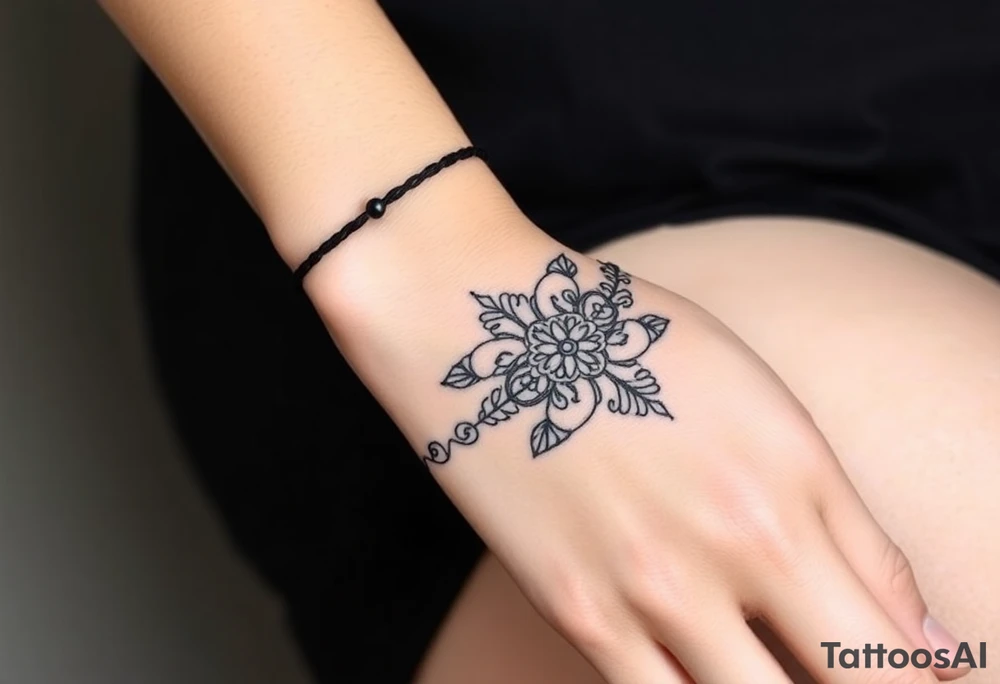 A delicate black lace band wrapped around the wrist, featuring intricate floral and filigree patterns tattoo idea