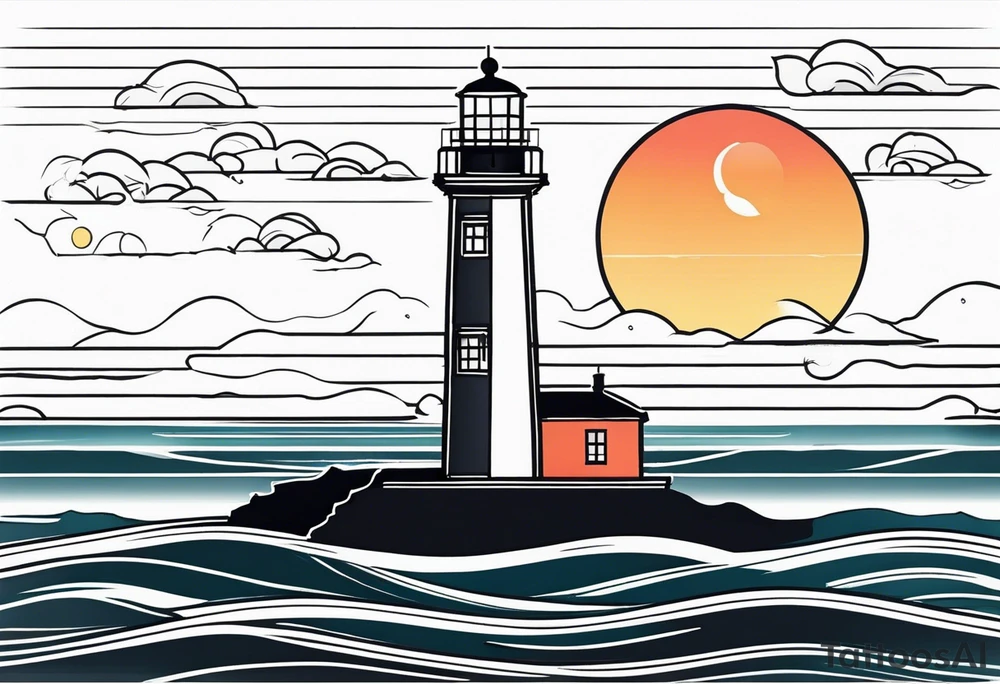 lighthouse very fine line, geometri colored. also rough sea close to the lighthouse with a sunset tattoo idea