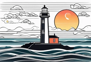 lighthouse very fine line, geometri colored. also rough sea close to the lighthouse with a sunset tattoo idea